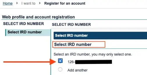 Add or select your IRD number